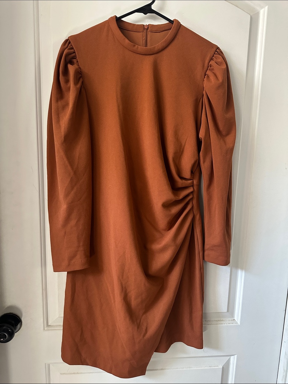 Long-Sleeve Ruched Dress in Rust